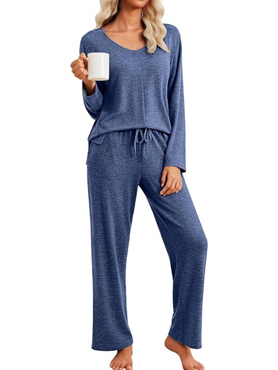 Other - Women's Dark Navy V Neck long sleeves Shirt 2 Piece side pocket Pajamas Set